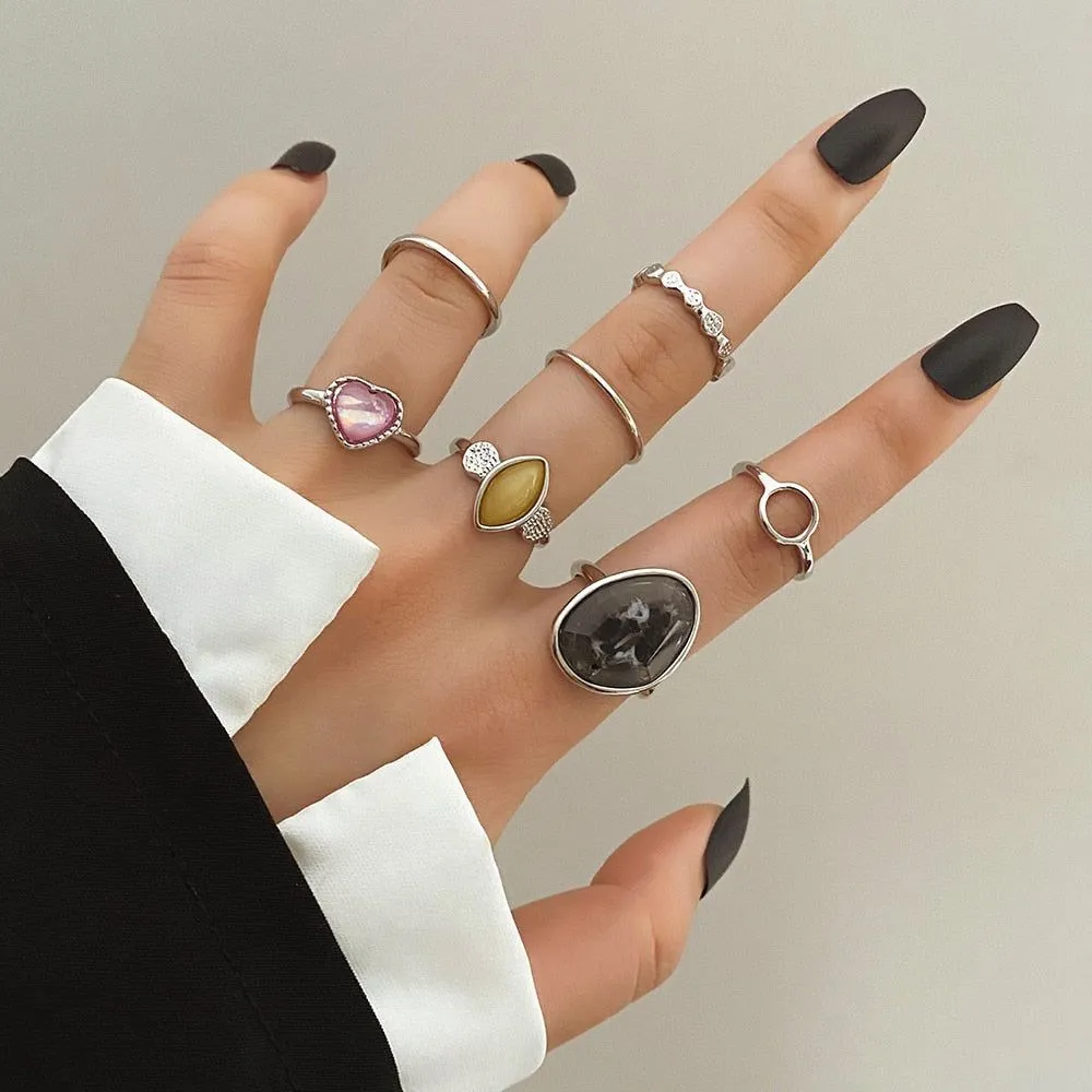 Charm Jewelry Set Vintage Geometric Acrylic Alloy Joint Ring Set Bohemian Metal Curved Finger Ring 2021 Fashion