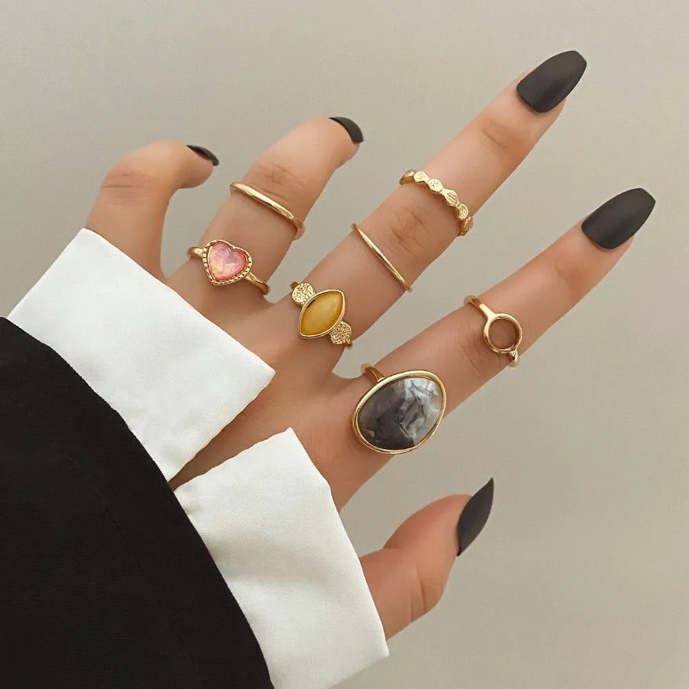 Charm Jewelry Set Vintage Geometric Acrylic Alloy Joint Ring Set Bohemian Metal Curved Finger Ring 2021 Fashion