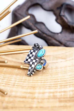 Checkered Turquoise Lightning Bolt Silvertone Ring