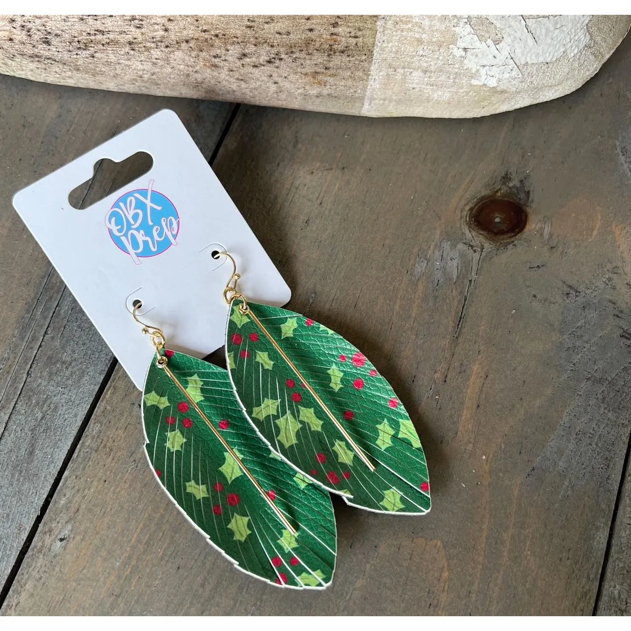 Christmas Print Leaf Faux Leather Dangle Earrings