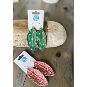 Christmas Print Leaf Faux Leather Dangle Earrings