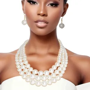 Classic Vintage-style 3-Strand Cream Pearl Necklace Set