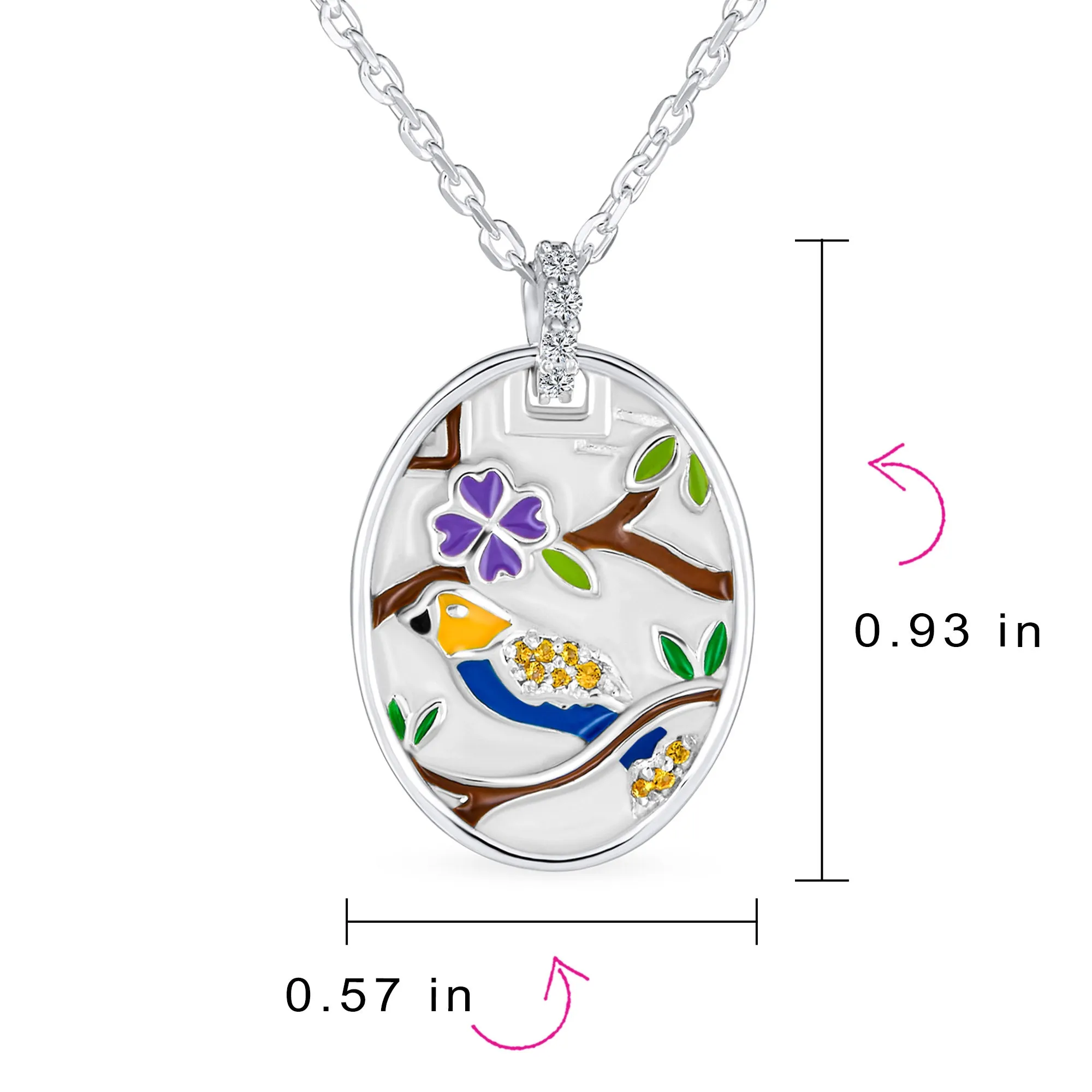 Colorful Bird Cameo Pendant Necklace in Sterling Silver with Enamel Inlay