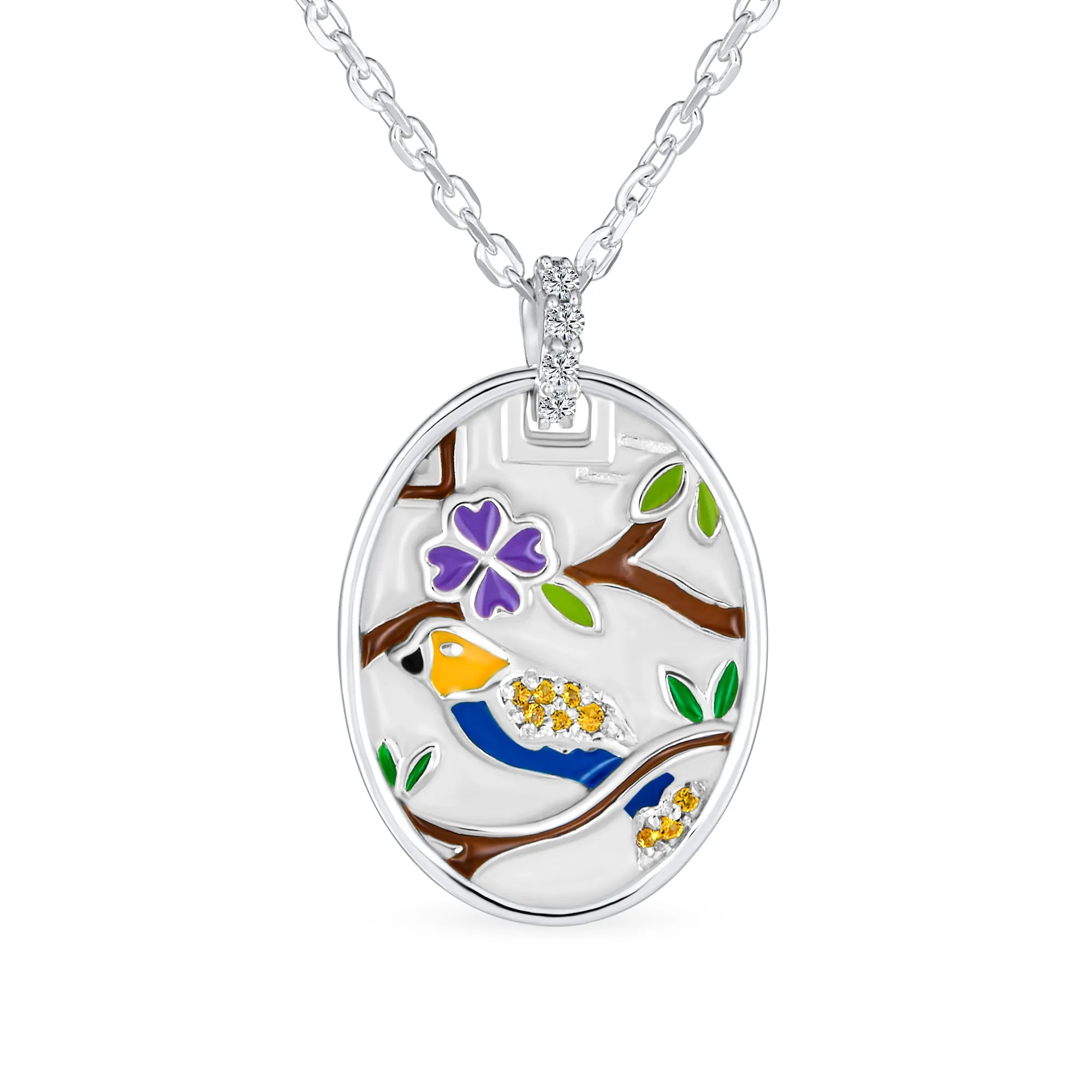 Colorful Bird Cameo Pendant Necklace in Sterling Silver with Enamel Inlay