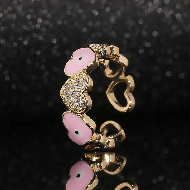 Colorful Trendy Copper Inlaid Zircon Heart Ring for Women