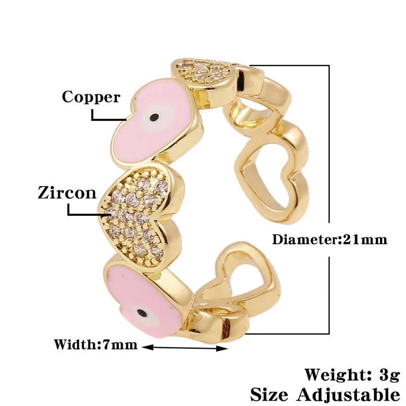 Colorful Trendy Copper Inlaid Zircon Heart Ring for Women