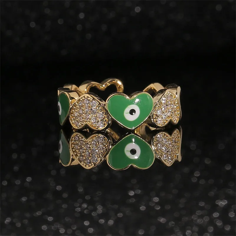 Colorful Trendy Copper Inlaid Zircon Heart Ring for Women