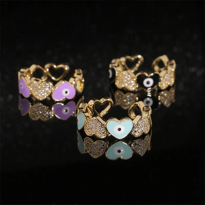 Colorful Trendy Copper Inlaid Zircon Heart Ring for Women