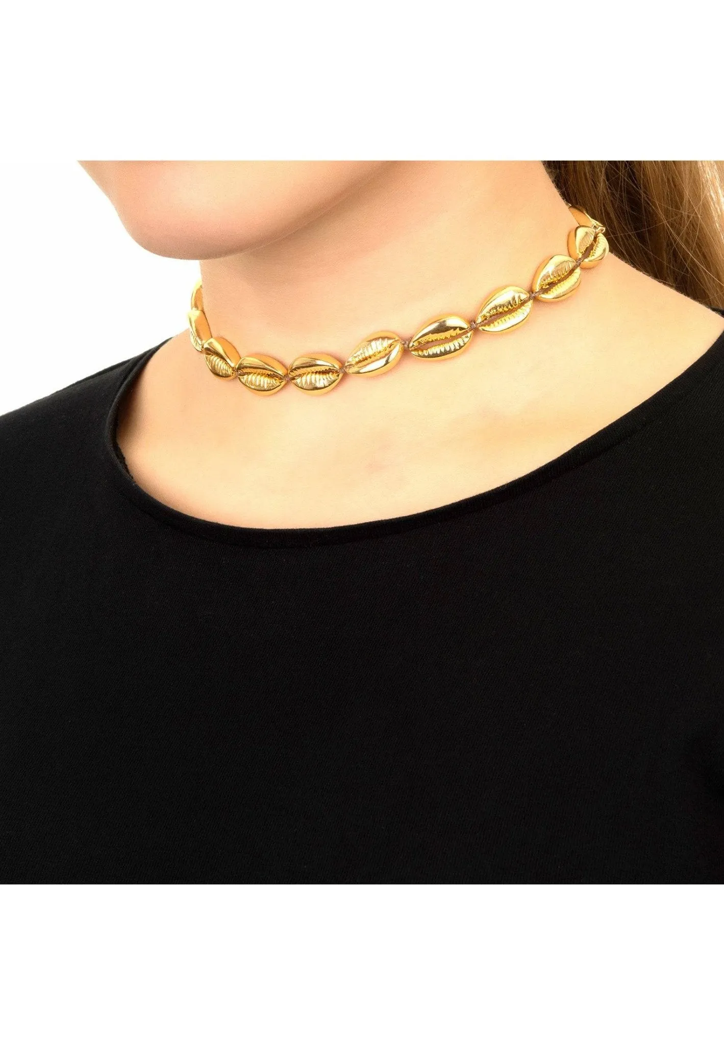 Cowrie Shell Choker Strand Necklace Gold