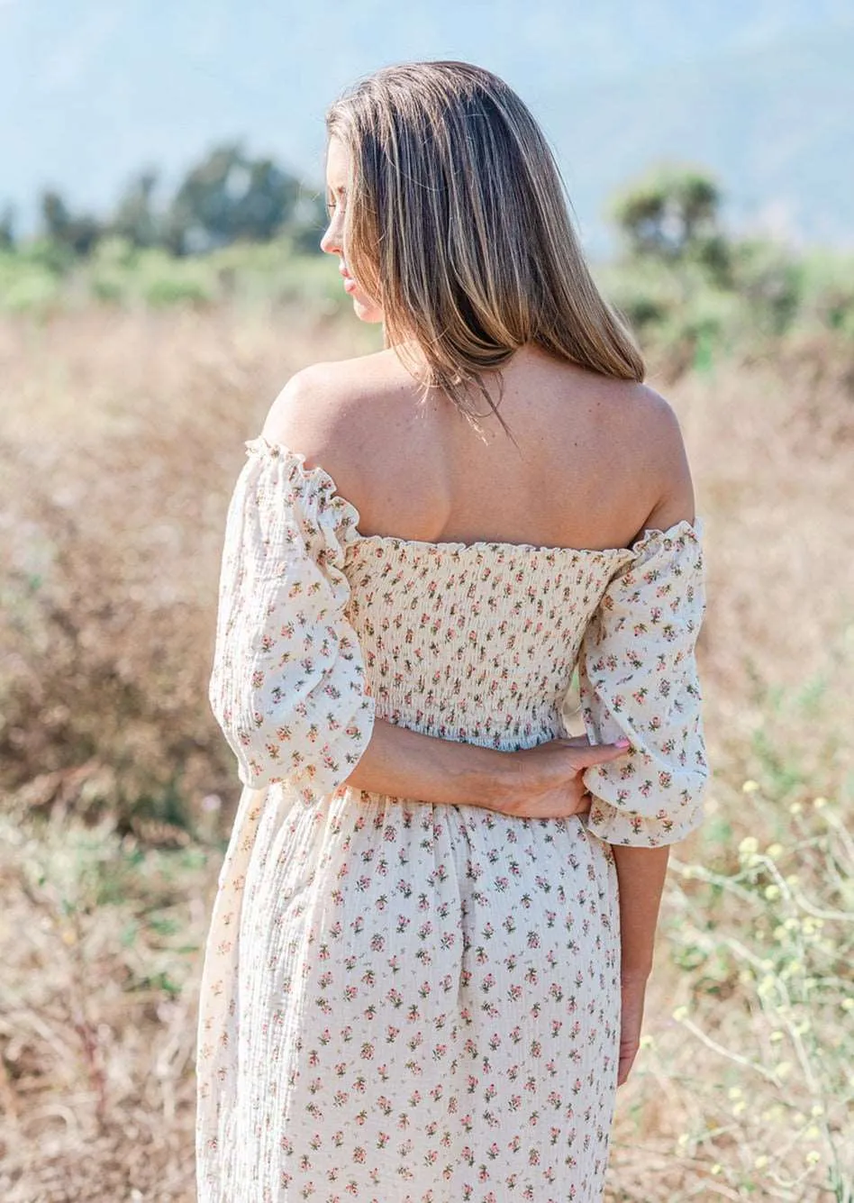 Cream Floral Muslin Dress