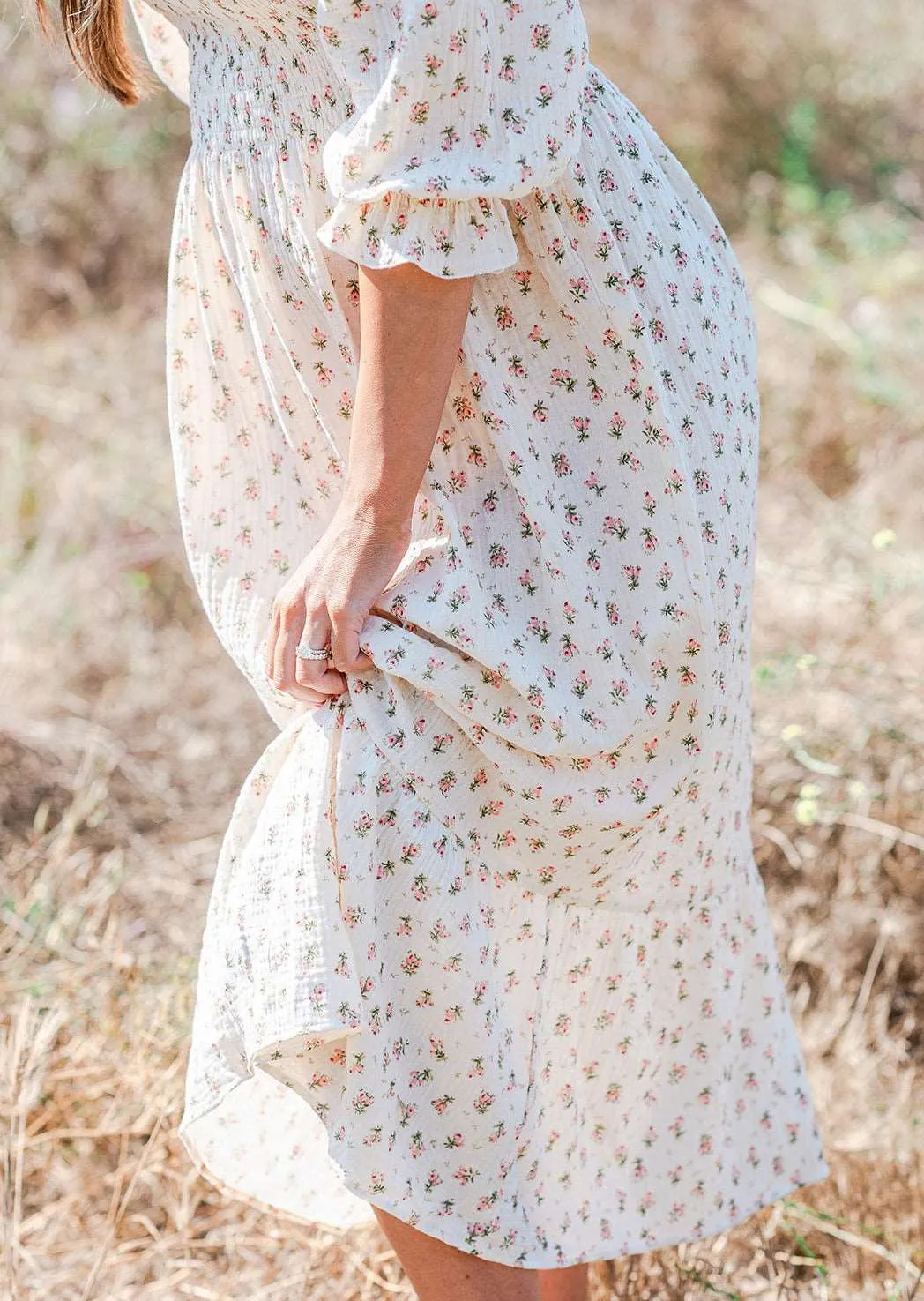 Cream Floral Muslin Dress