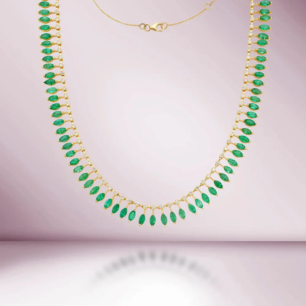 Diamond & Dangling Marquise Shape Emerald Choker Necklace (16.80 ct.) in 14K Gold