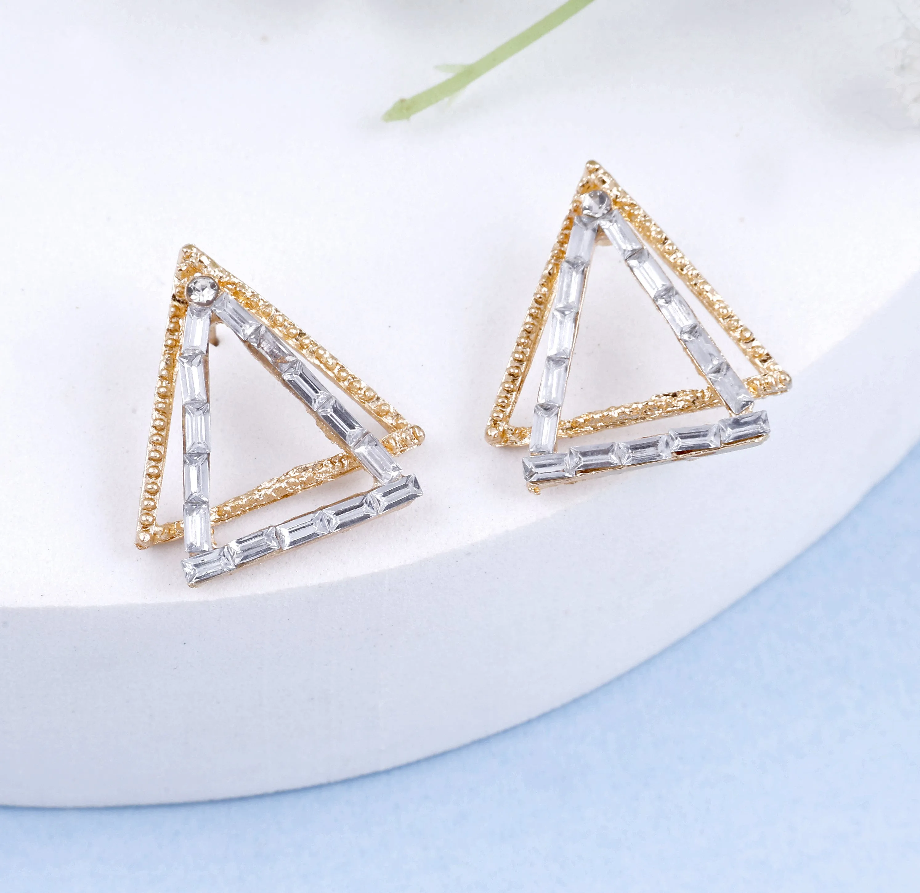 Double Triangle White Goldish Earrings