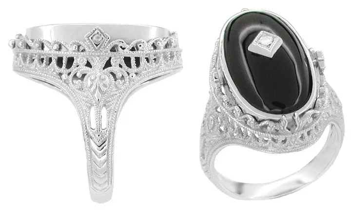 Edwardian Filigree Flip Ring with Carnelian Shell Cameo, Black Onyx and Diamonds in 14 Karat White Gold