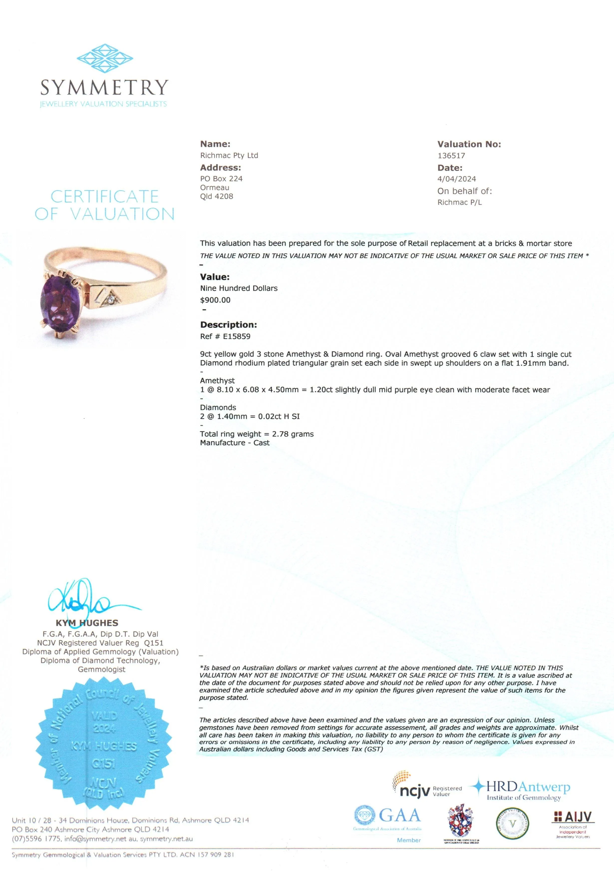 Elegant 9ct Yellow Gold Amethyst & Diamond Ring