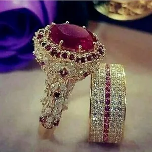 Elegant Gold Color Hip Hop Ring for Women Fashion Inlaid Zircon Red Stones Wedding Rings Set Party Bridal Engagement Jewelry