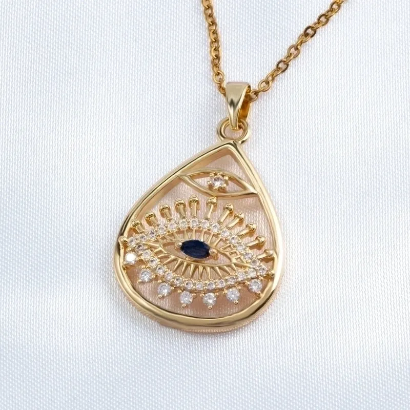 Elegant Luxurious Roman Style Oval Eye Stainless Steel Copper Plating Inlay Zircon 18k Gold Plated Pendant Necklace