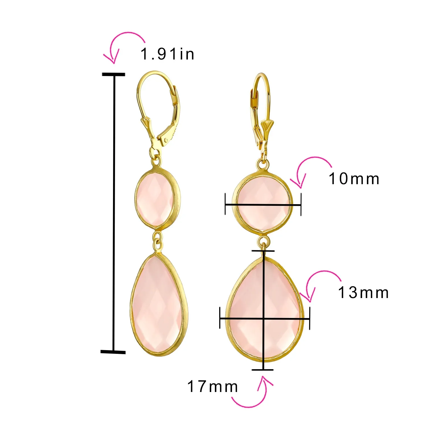 Elegant Pink Chalcedony Dangle Earrings Double Teardrop 14K Gold-Plated Silver