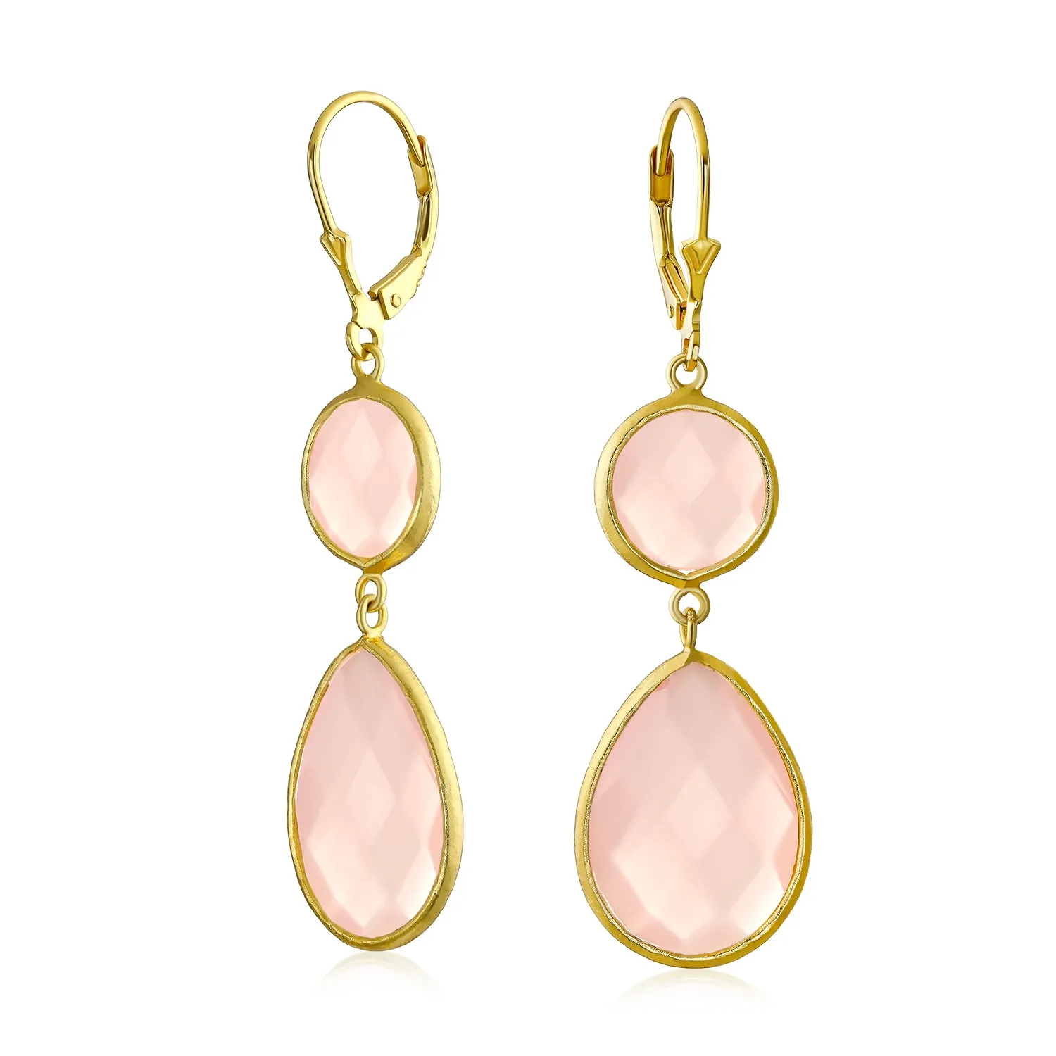 Elegant Pink Chalcedony Dangle Earrings Double Teardrop 14K Gold-Plated Silver