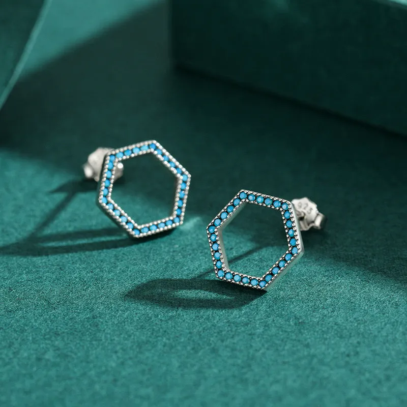 Elegant S925 Sterling Silver Green Hexagonal Turquoise Earrings