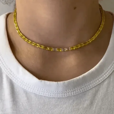 Emerald Cut Yellow Sapphire & Baguette Diamond Choker Necklace (20.23ct.) 4-Prongs Setting in 18K Gold