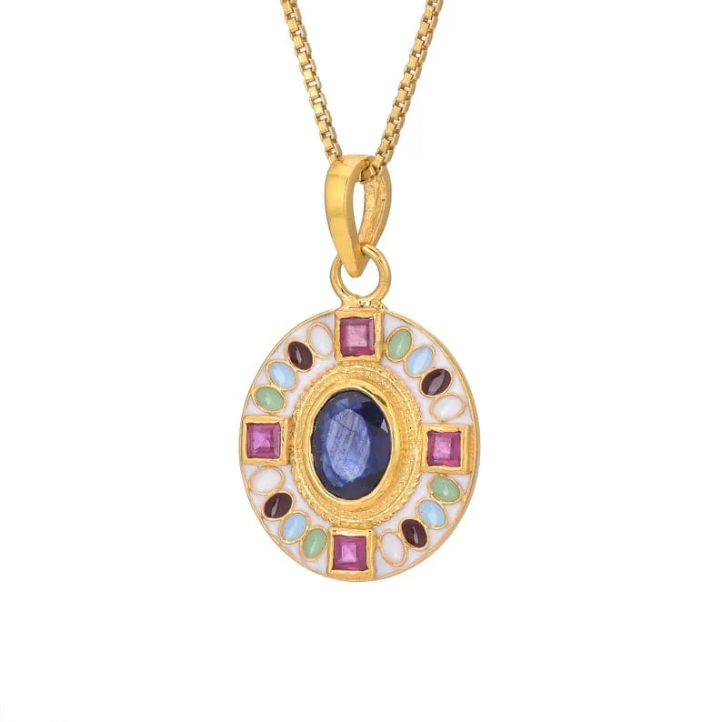 Enameled Sapphire and Ruby Pendant Necklace