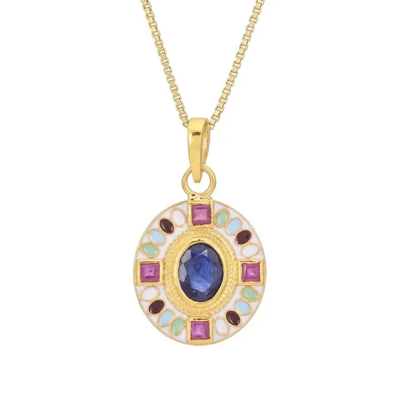 Enameled Sapphire and Ruby Pendant Necklace