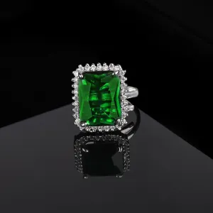 Estele Rhodium Plated CZ Radiant Emerald/ Green Finger Ring for Women(Adjustable)