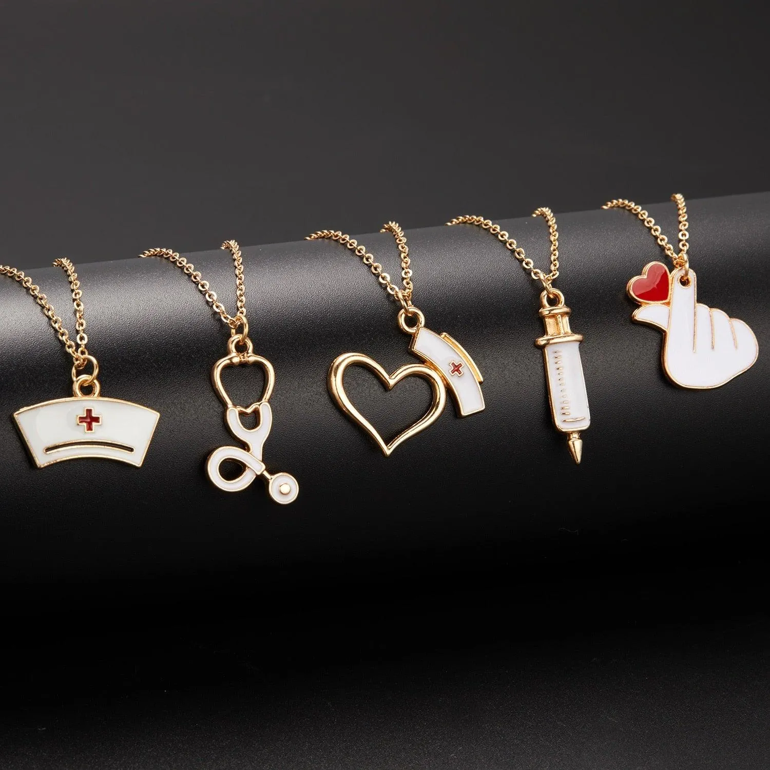 Fashion Heart Nurse Cap Doctor Necklaces Medical Equipment Stethoscope Syringe Pendant Hospital Style Jewelry Graduation Gifts