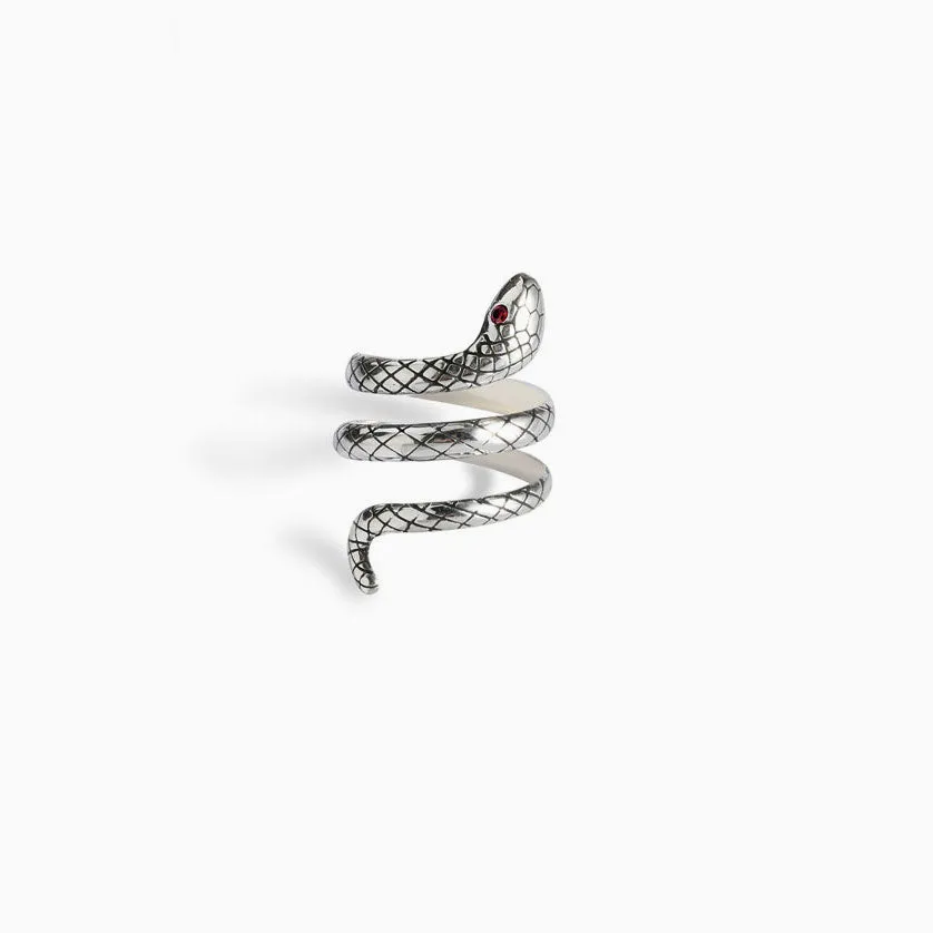 Fierce Rhinestone Wrap Around Snake Embossed Ring - Silver