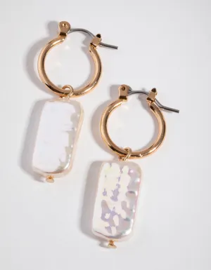 Gold Long Flat Pearl Huggie Earrings