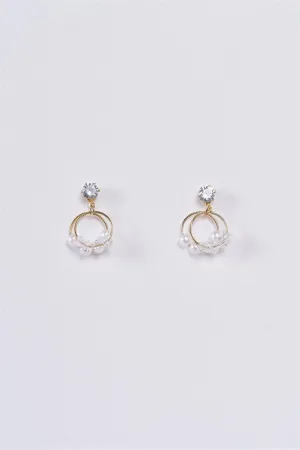 Gold Pearl Diamond Double Circles Drop Earrings