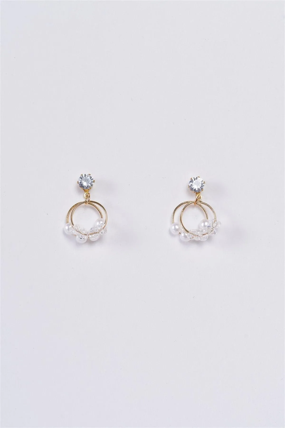 Gold Pearl Diamond Double Circles Drop Earrings