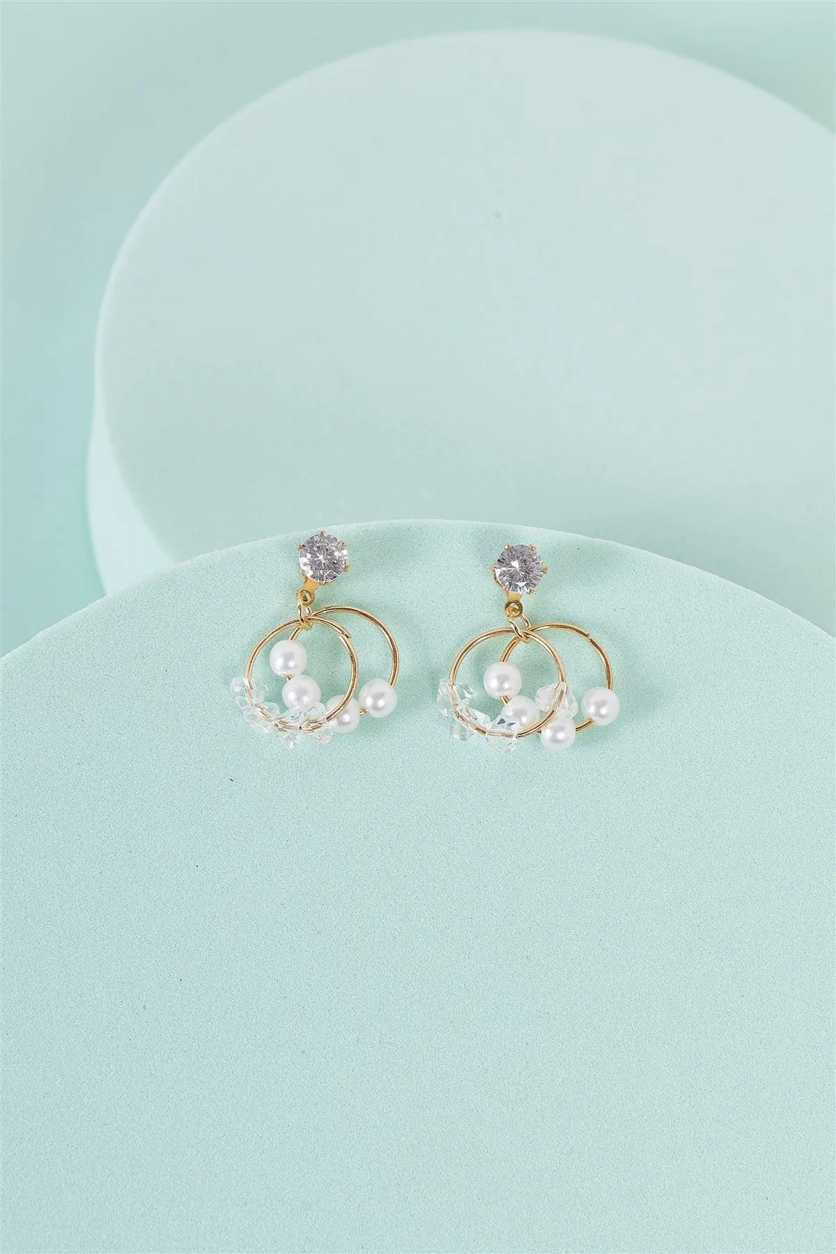 Gold Pearl Diamond Double Circles Drop Earrings