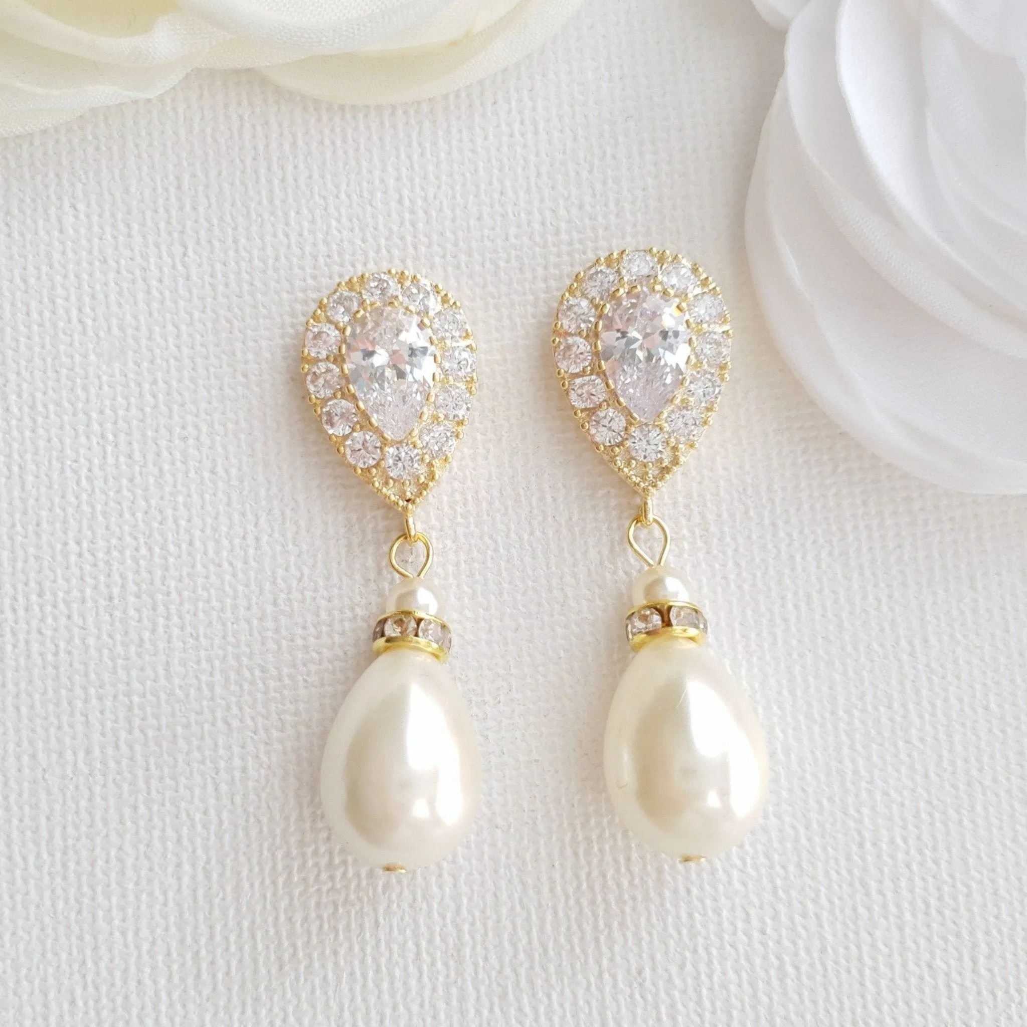 Gold Pearl Drop Earrings-Penelope