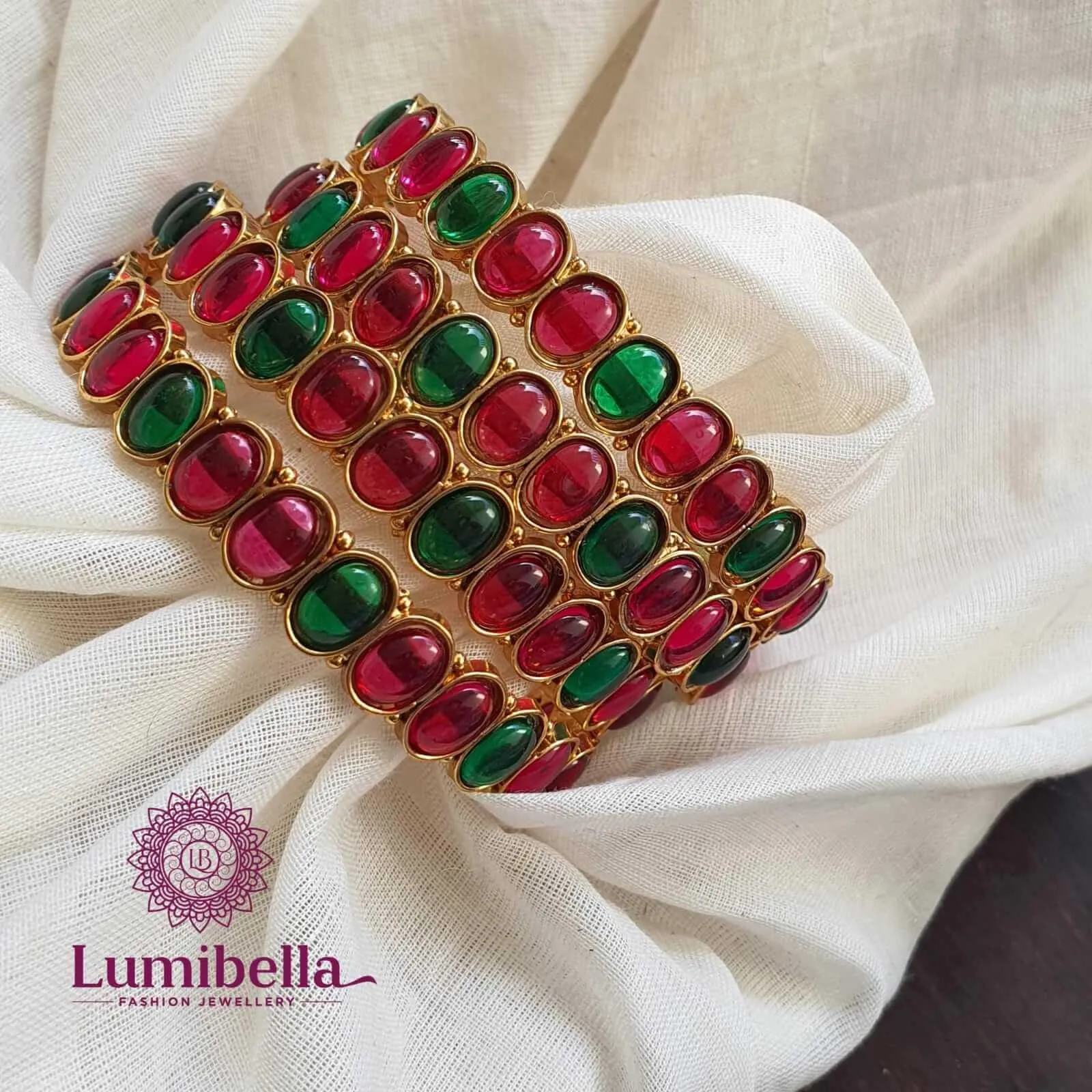 Green And Ruby Kemp Studded Gold Polished Bangles