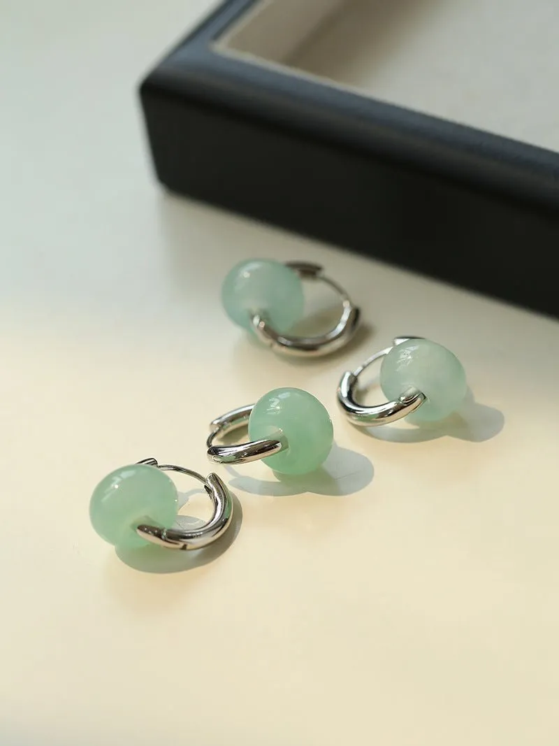 Green Jade Silver Hoop Earrings