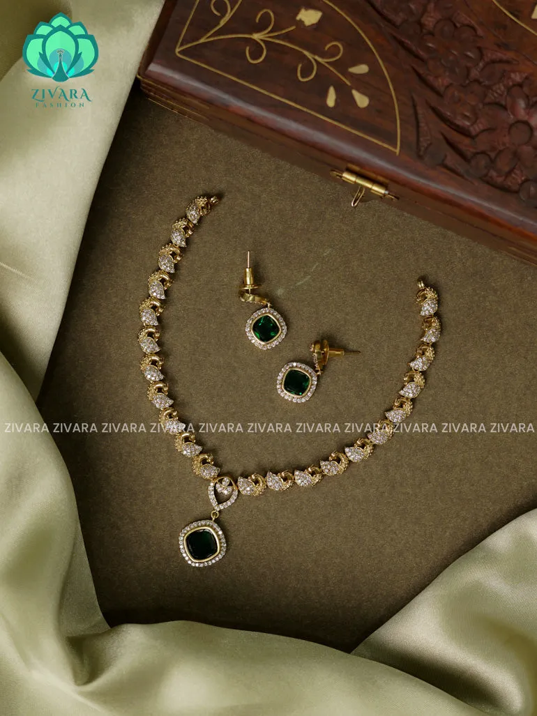 GREEN - PEACOCK AND SQUARE PENDANT   - stylish and minimal elegant neckwear with earrings- Zivara Fashion