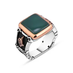 Green Square Agate Stone Silver Men's Ring Siding Ottoman Tughra