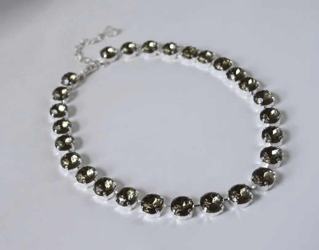 Gunmetal Grey Collet Necklace | Crystal Riviere Necklace - Small Round