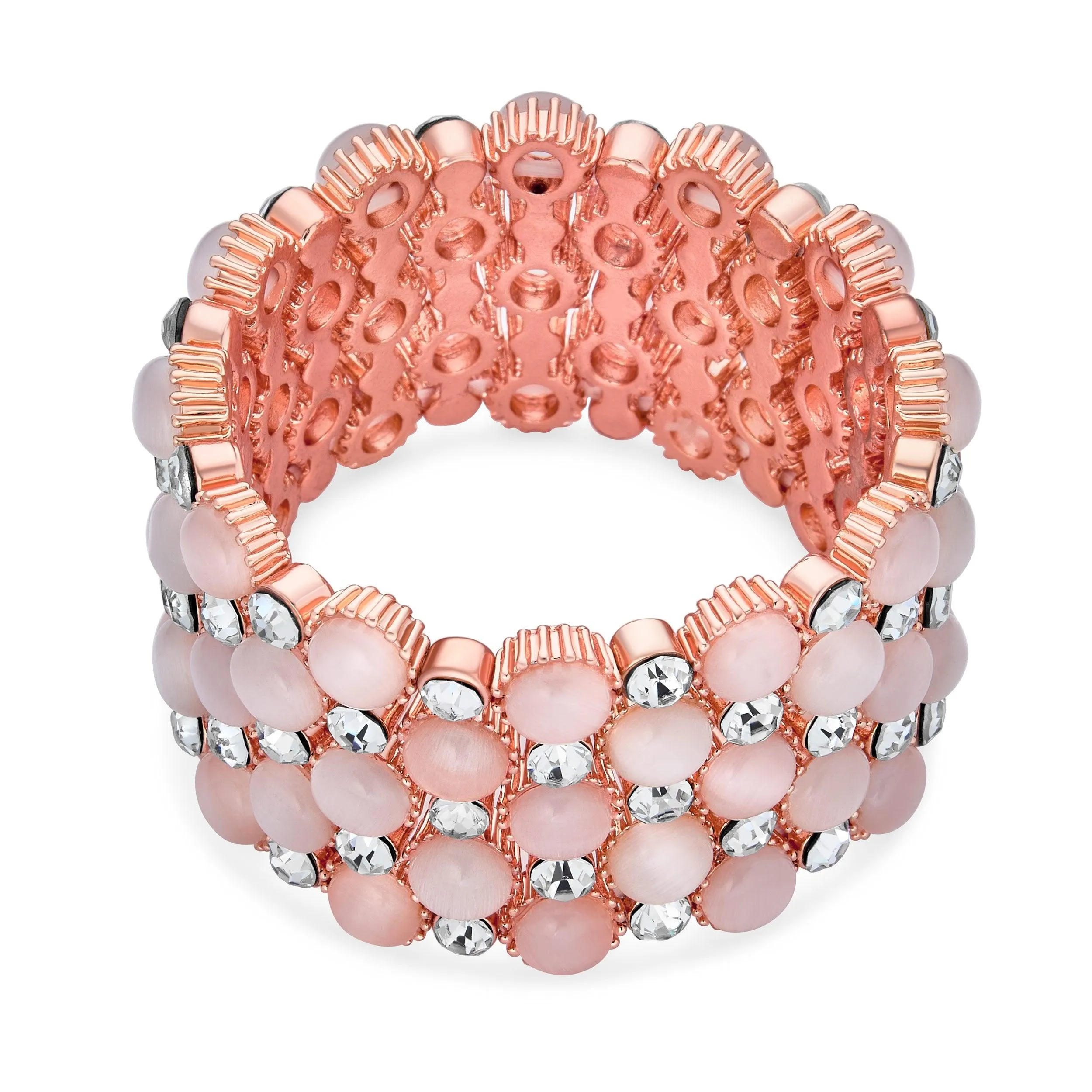 Holiday Fashion Pink Cats Eye Crystal Stretch Bracelet Rose Gold Plated Cuff