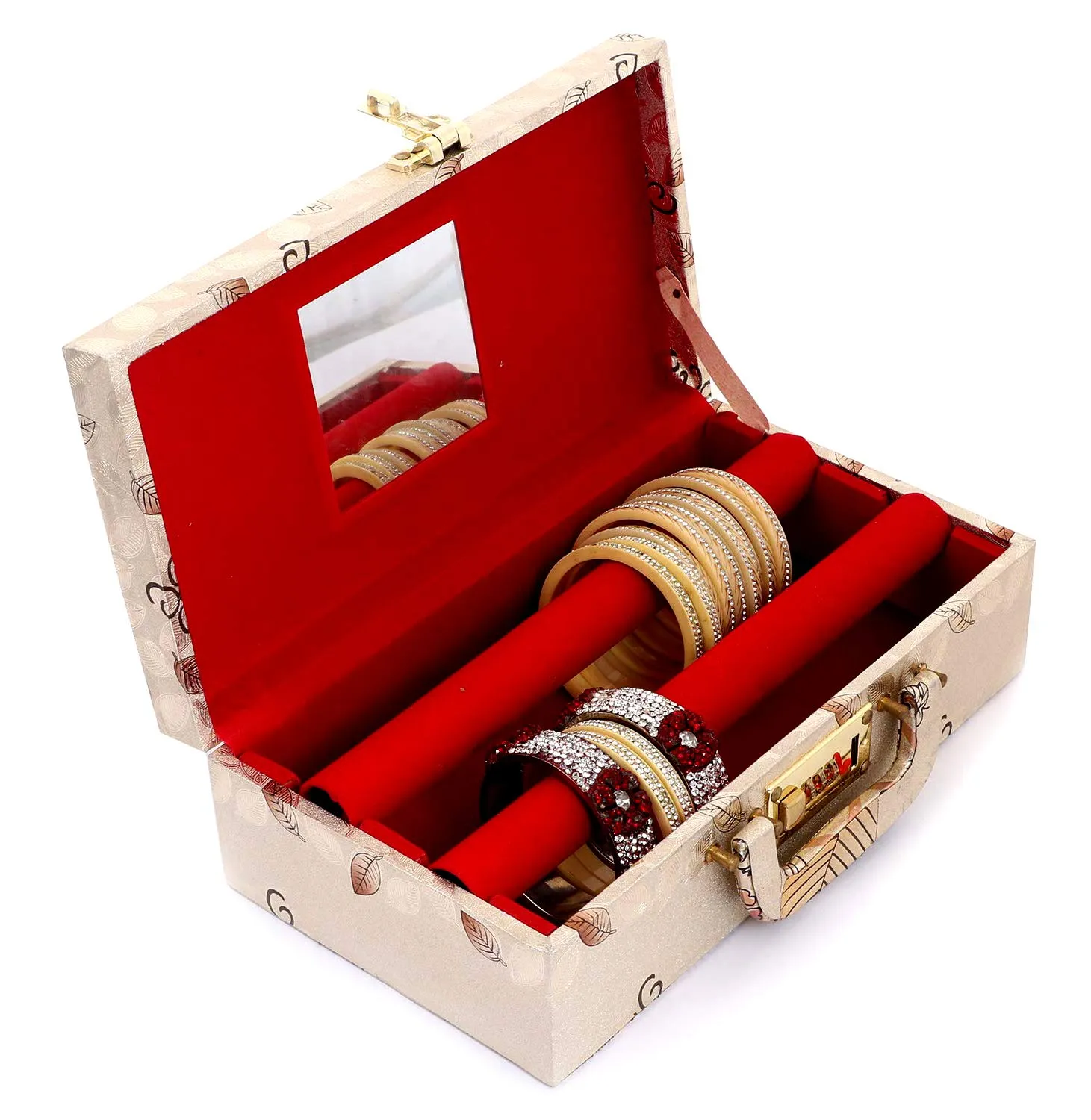 Kuber Industries Printed Bracelet Jewellery Box with 2 Removable Rolls-Holder Stores Bracelets,Bangles & Watches-Organizer-Small Mirror With Lock System(Golden)-KUBMART15515