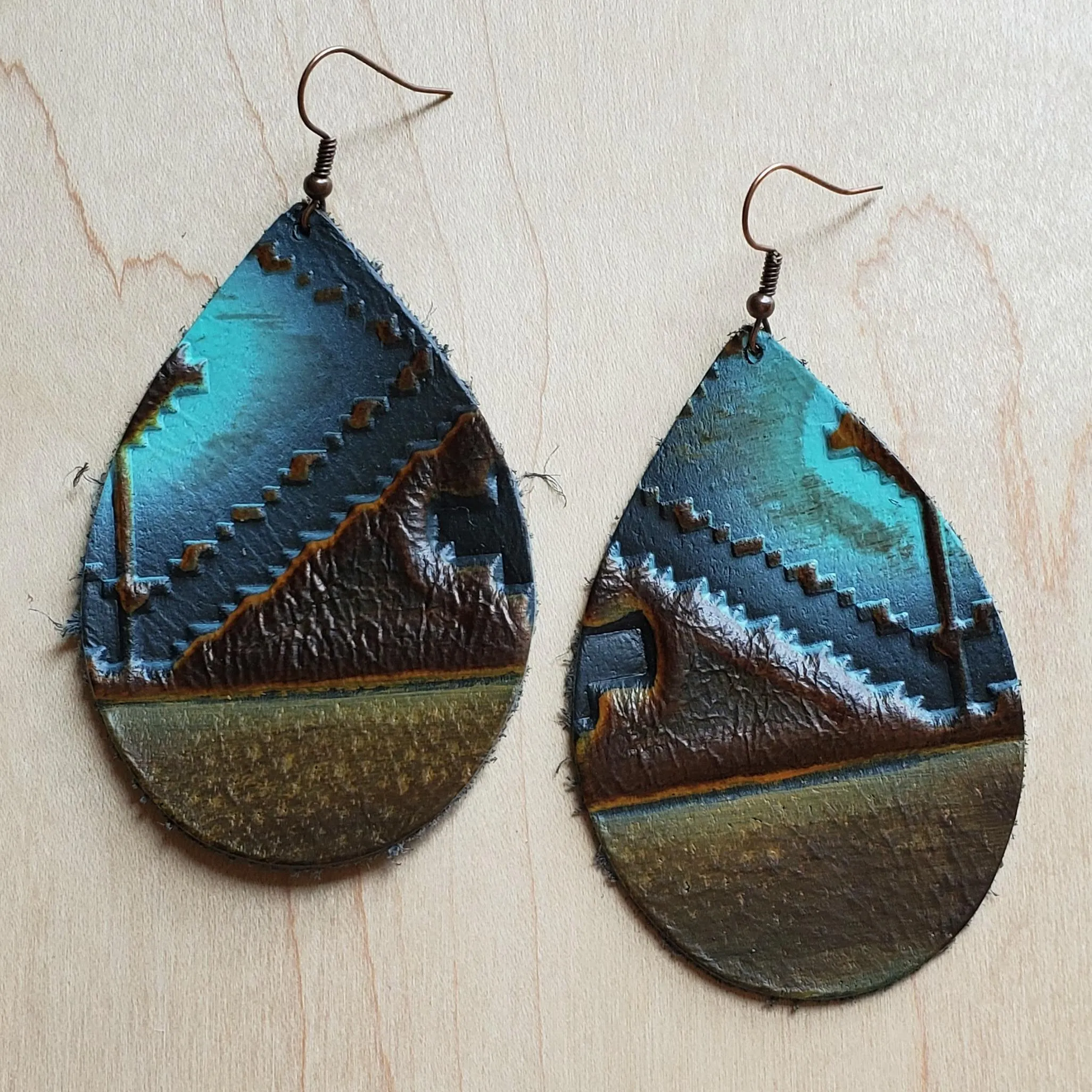 Leather Teardrop Earrings in Blue Navajo 223z