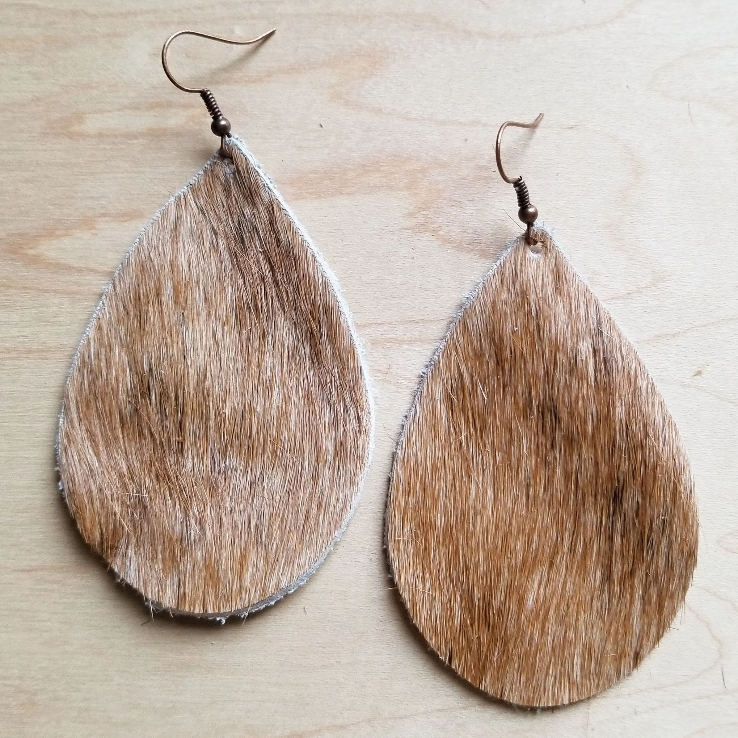 Leather Teardrop Earrings Tan and White Hair-on-Hide 222d