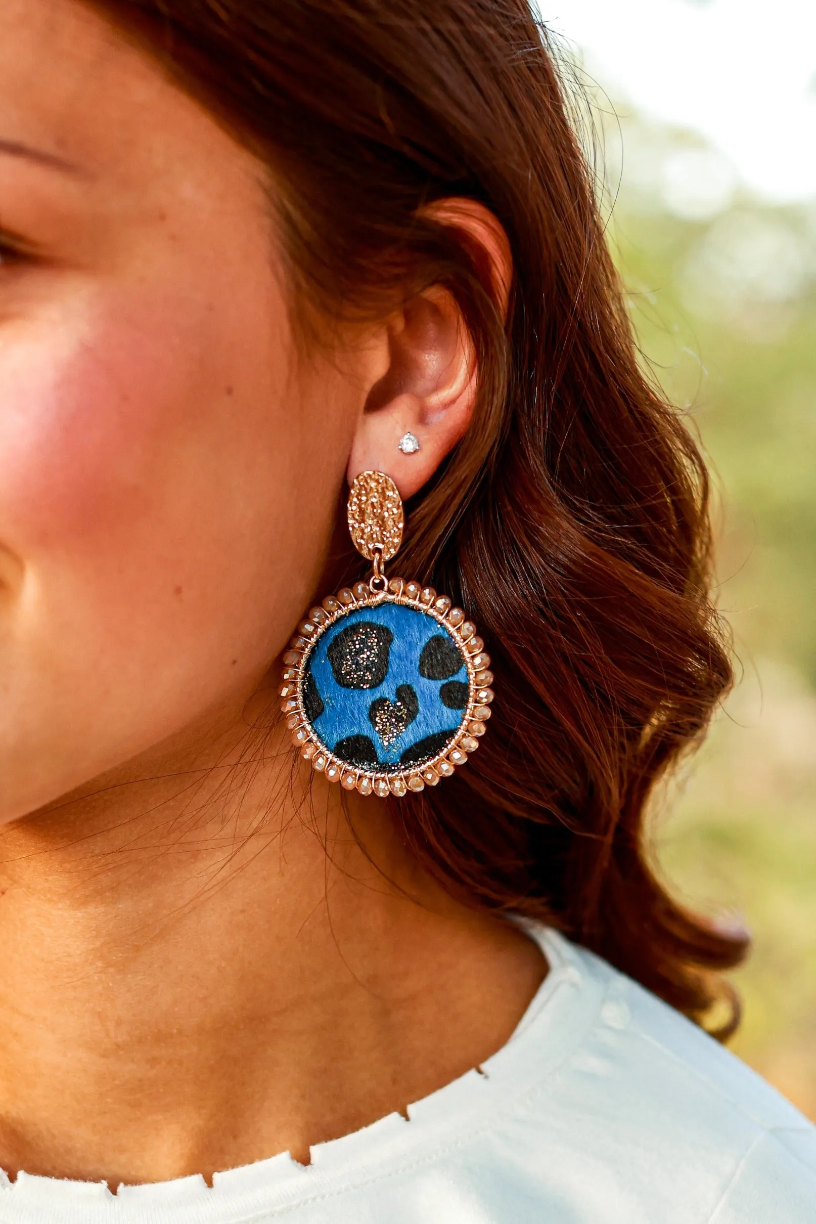 Leopard Mirror On The Wall Circle Earrings, Blue