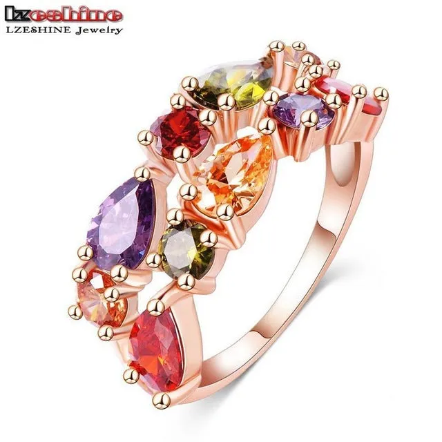 LZESHINE Wedding Ring Bands Bijouterie Finger Ring Rose Gold Color With Colorful Austrian Zirconia 2016 Anillos CRI0242-A