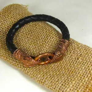 Mens Black Braided Copper Snake Head Leather Bracelet