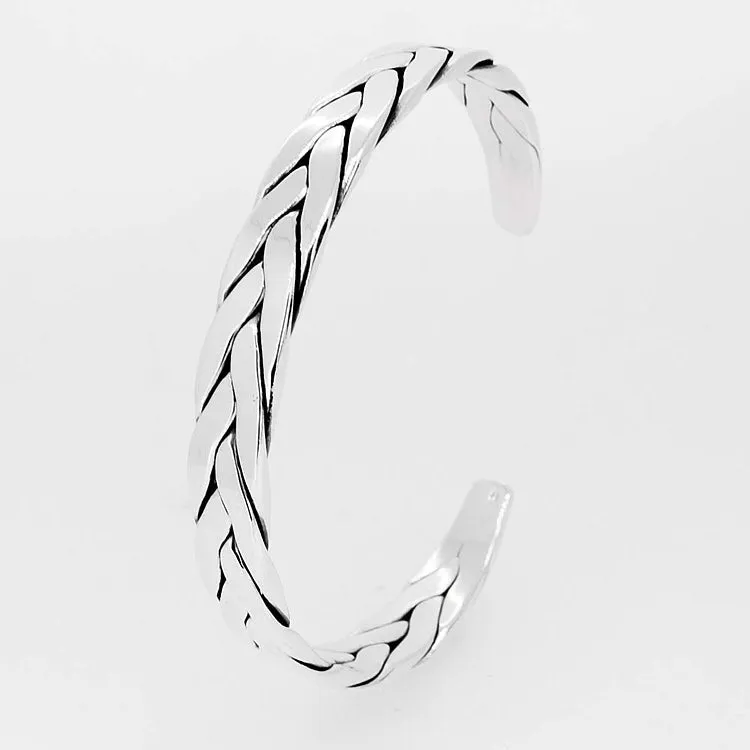 Men's Sleek Braided Silver Cuff Bangle | Unique Polished Silver Bracelet For Men