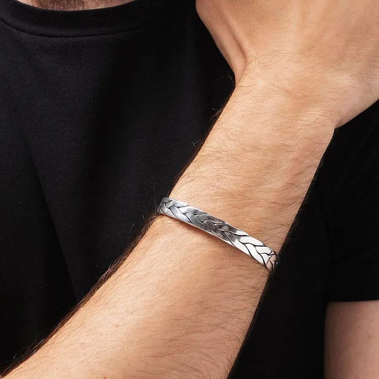 Men's Sleek Braided Silver Cuff Bangle | Unique Polished Silver Bracelet For Men