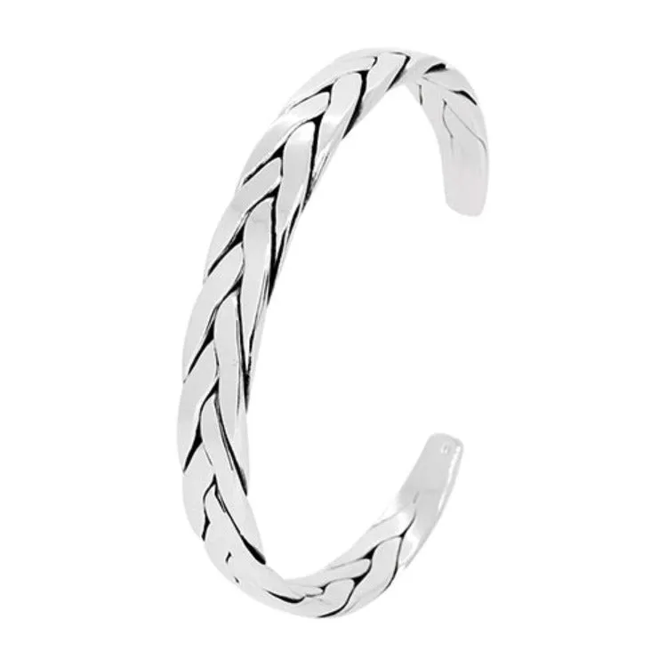 Men's Sleek Braided Silver Cuff Bangle | Unique Polished Silver Bracelet For Men